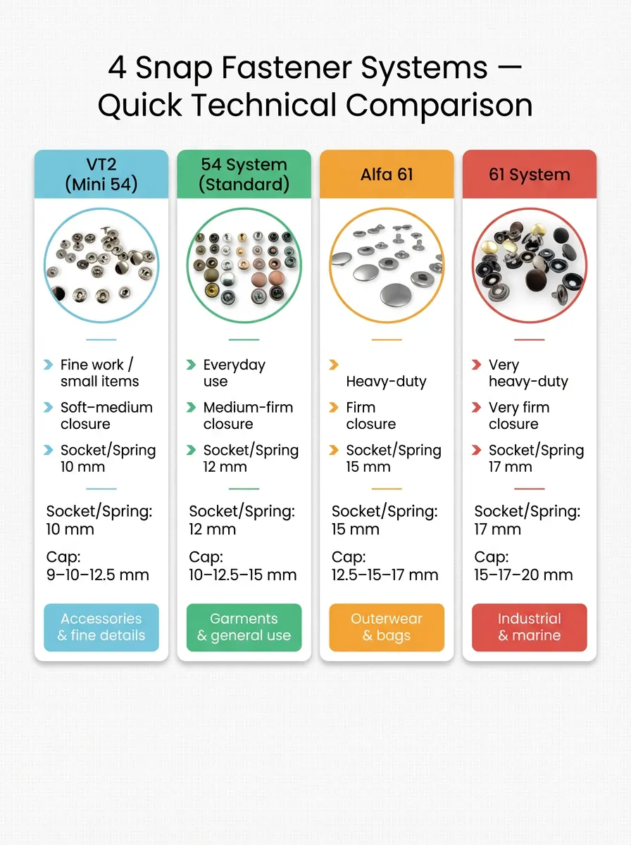 Quick technical comparison of 4 snap systems: VT2, 54 system, Alfa 61, 61 system